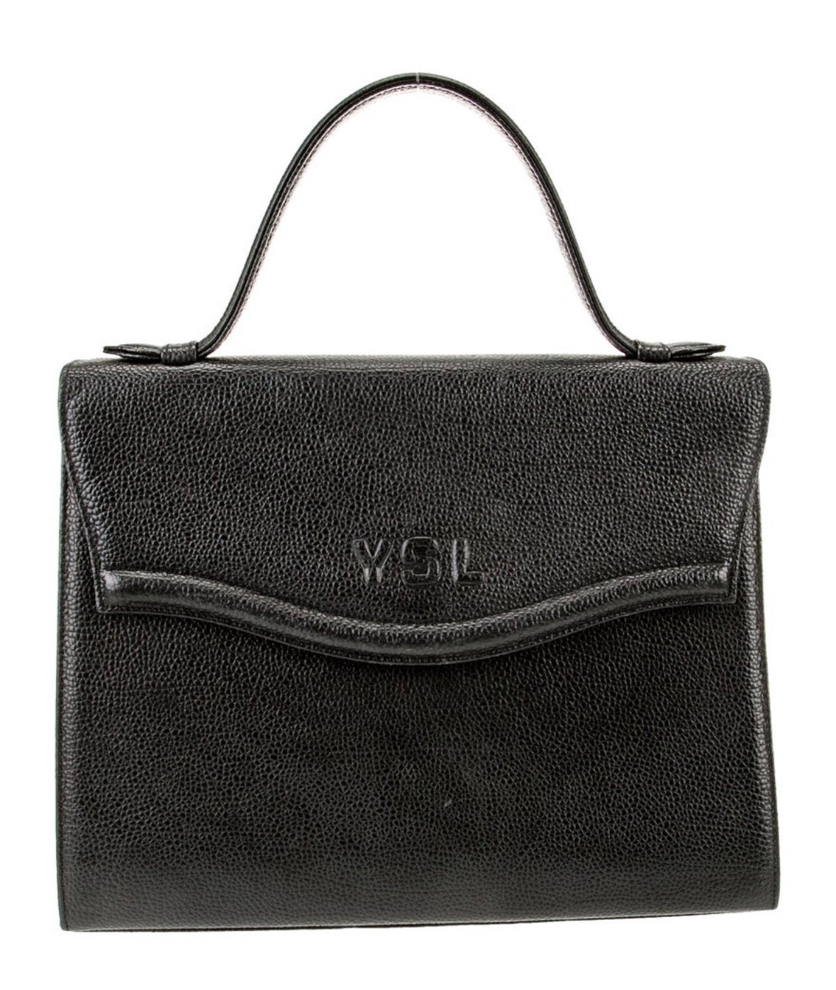 Beautiful vintage black pebble leather YSL top handle bag with exterior pocket