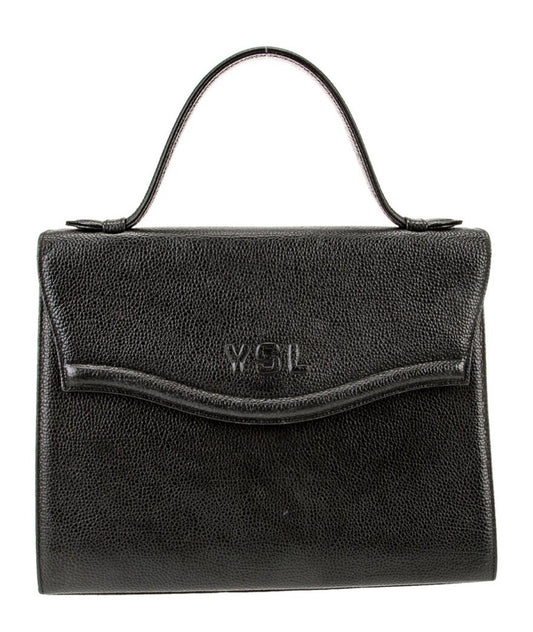 Beautiful vintage black pebble leather YSL top handle bag with exterior pocket
