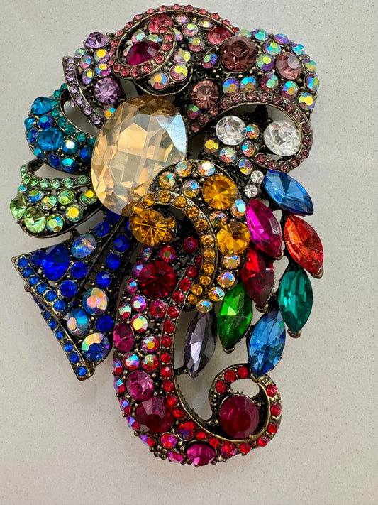 Vintage 1990's multicolored rhinestone jumbo brooch. Sourced in Savannah.