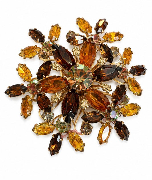 Beautiful 1950s Amber colored rhinestone brooch large