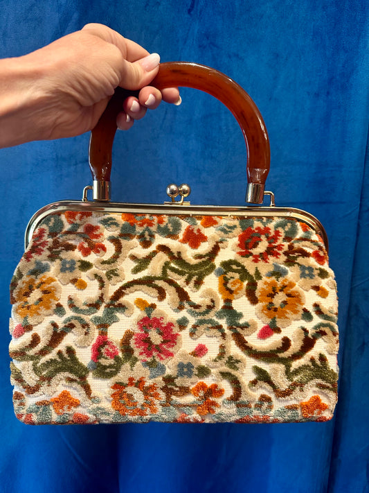 1950s tapestry bag with lucite top handle, and beautiful lining