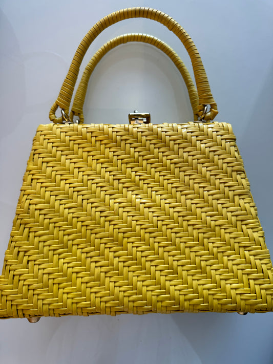 Sunny vintage yellow wicker top handle 1950's bag