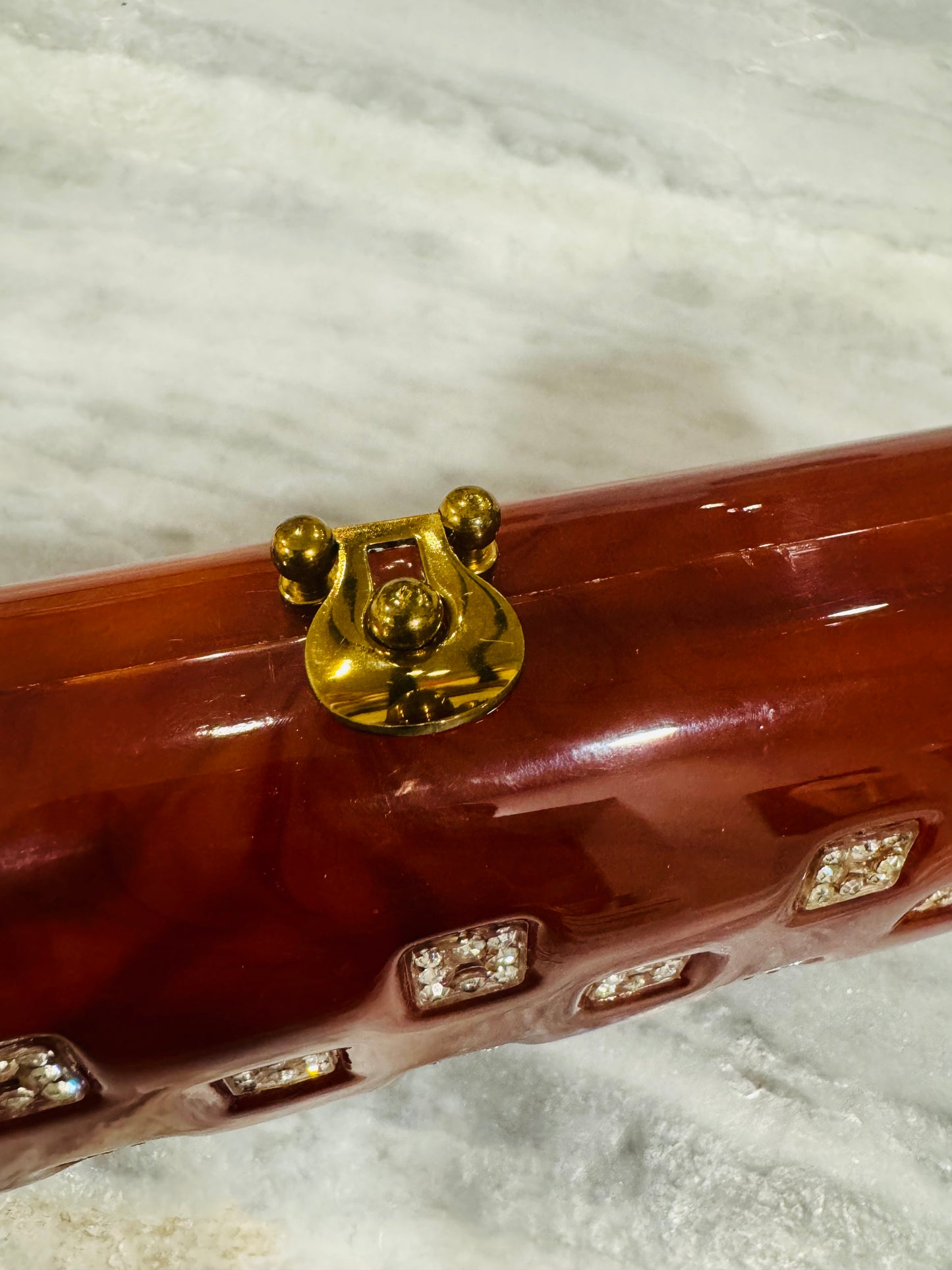 1950s tortoise lucite clutch with rhinestone detail