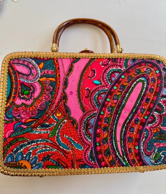 Wow Factor! The ultimate summer or vacation bag! Handmade in Miami 1960s wicker box bag with gold wicker, lucite top and colorful print with sequins and glitter