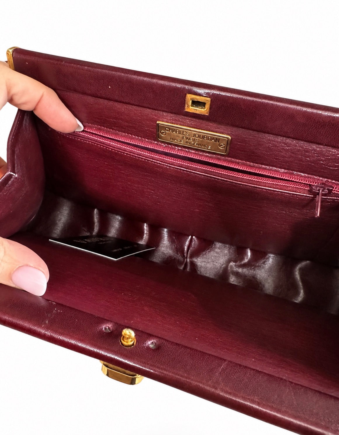 Gorgeous vintage dark burgundy leather Charles Jourdan scallop bottom clutch
