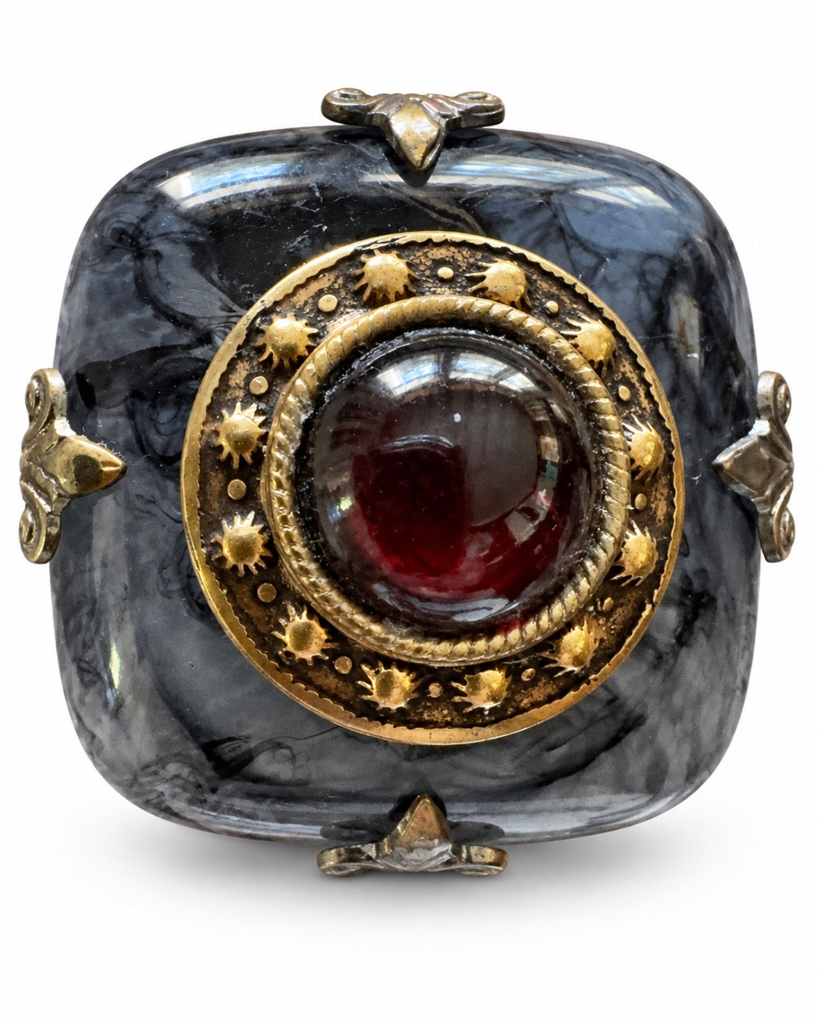 Beautiful signed PATRICE vintage, German glass, genuine garnet 24 karat gold plated and aged brass with 24 karat gold plate bronze ring