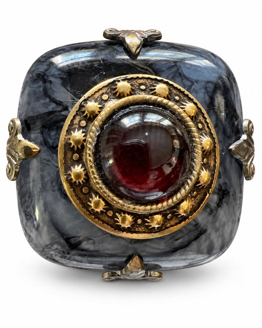 Beautiful signed PATRICE vintage, German glass, genuine garnet 24 karat gold plated and aged brass with 24 karat gold plate bronze ring