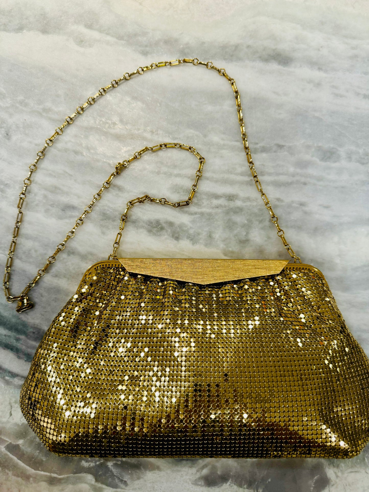 Vintage gold metal Whiting and Davis convertible clutch / shoulder bag