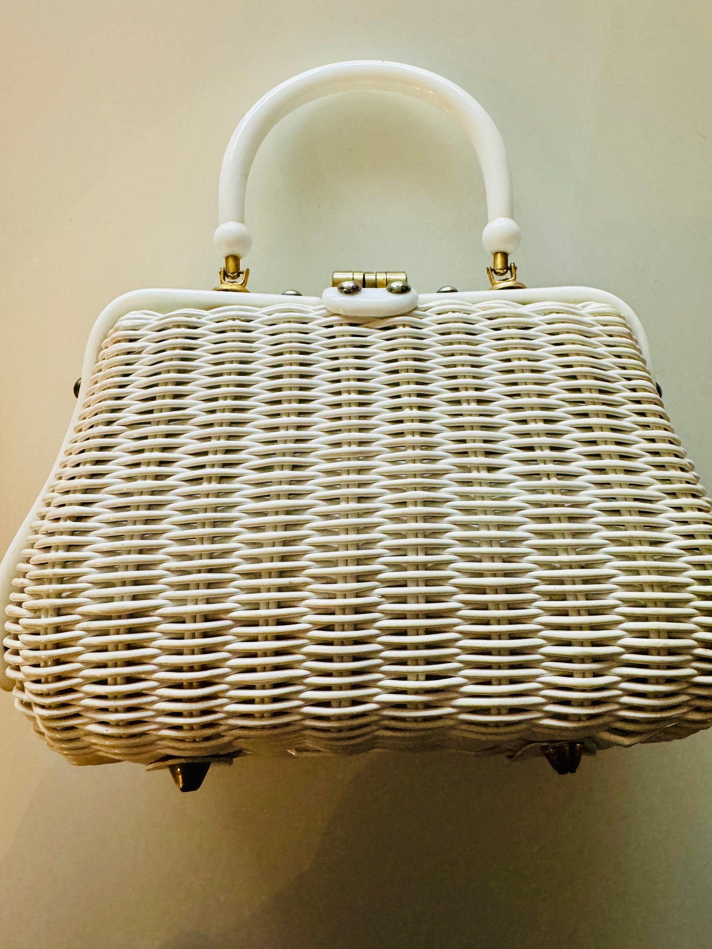Gorgeous 1950s Adele Original beaded and petit point top handle white wicker bag