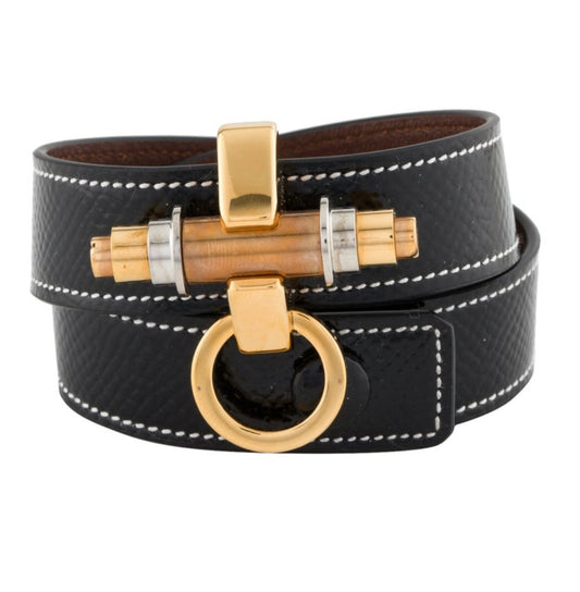 Givenchy black leather double wrap bracelet with silver and gold tone hardware