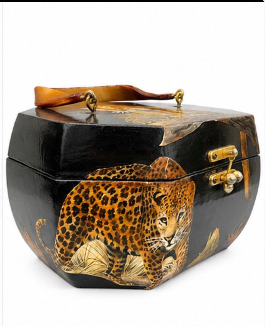 Vintage black lacquer wooden handbag with leopard decoupage and brass clasps. from 60-70s inside bright quirky fabric appropriate for decade.