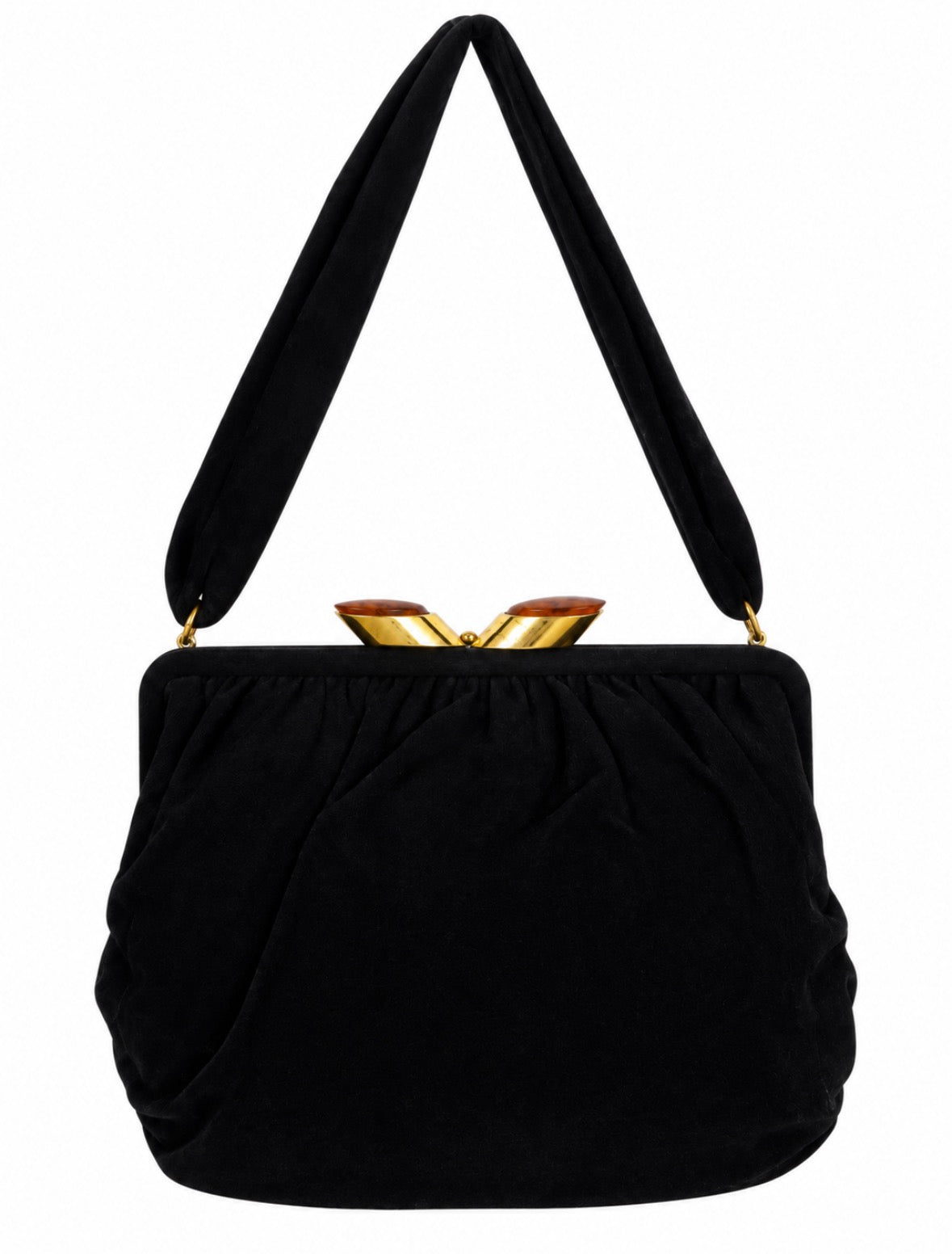 Beautiful 1940s black felt and bakelite kiss lock top handle bag. Inside has original mirror,comb and fragrance bottle
