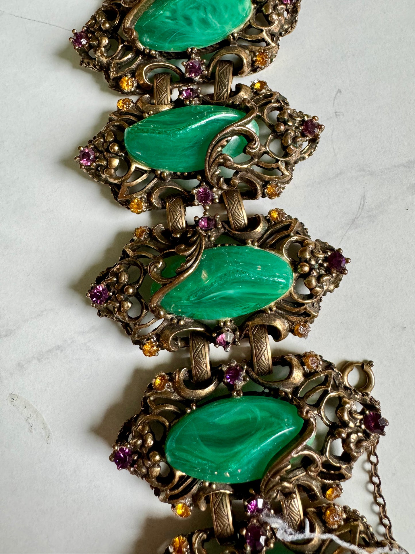 Chunky statement jade stone bracelet with rhinestones by Maresco