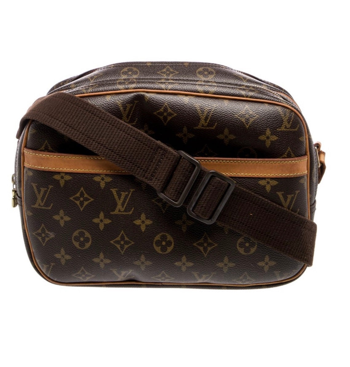 Louis Vuitton reporter bag PM size. Double zip compartments on either side and Crossbody strap.