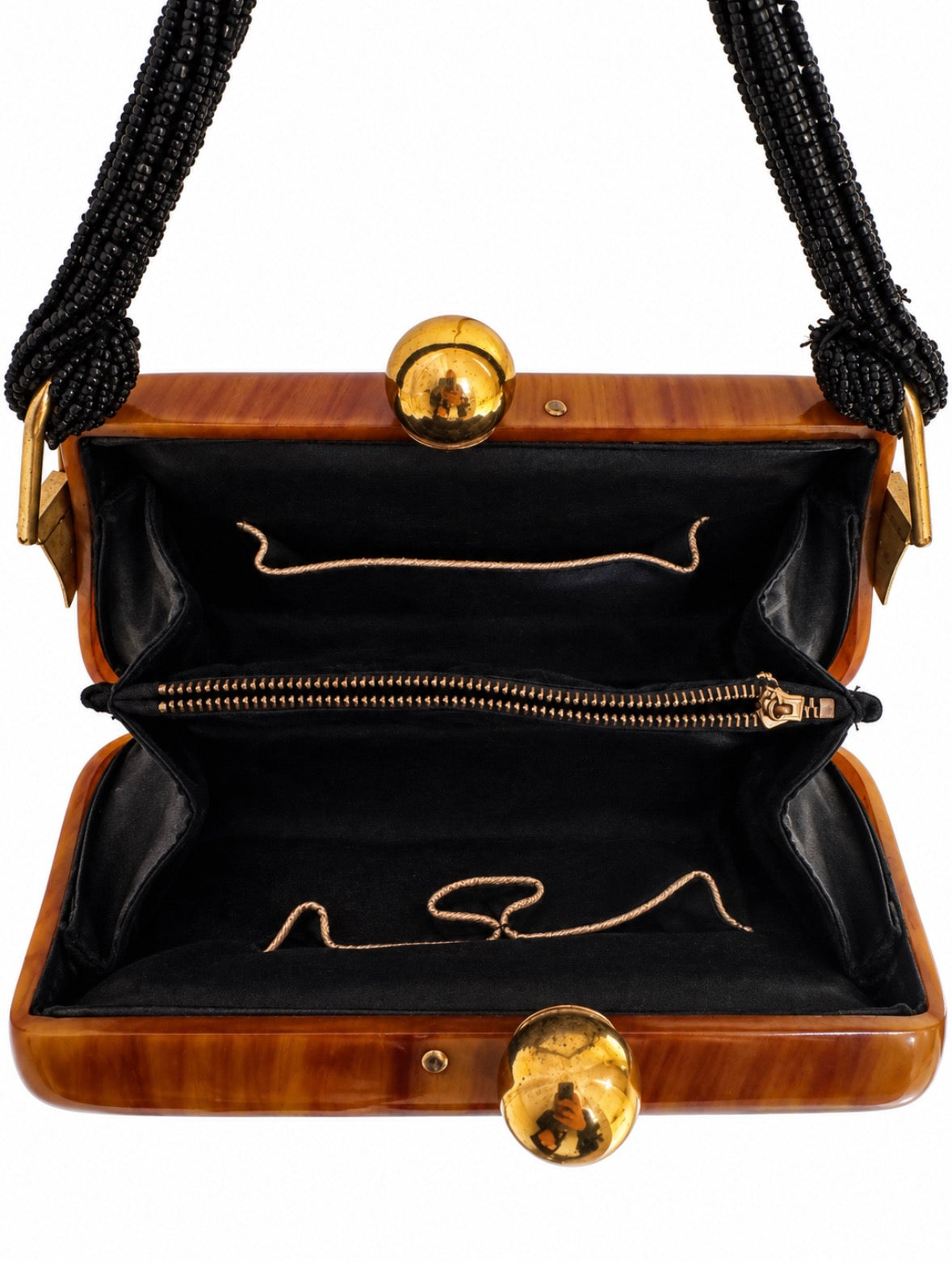 Stunning 1940s black beaded and bakelite kiss lock top handle bag