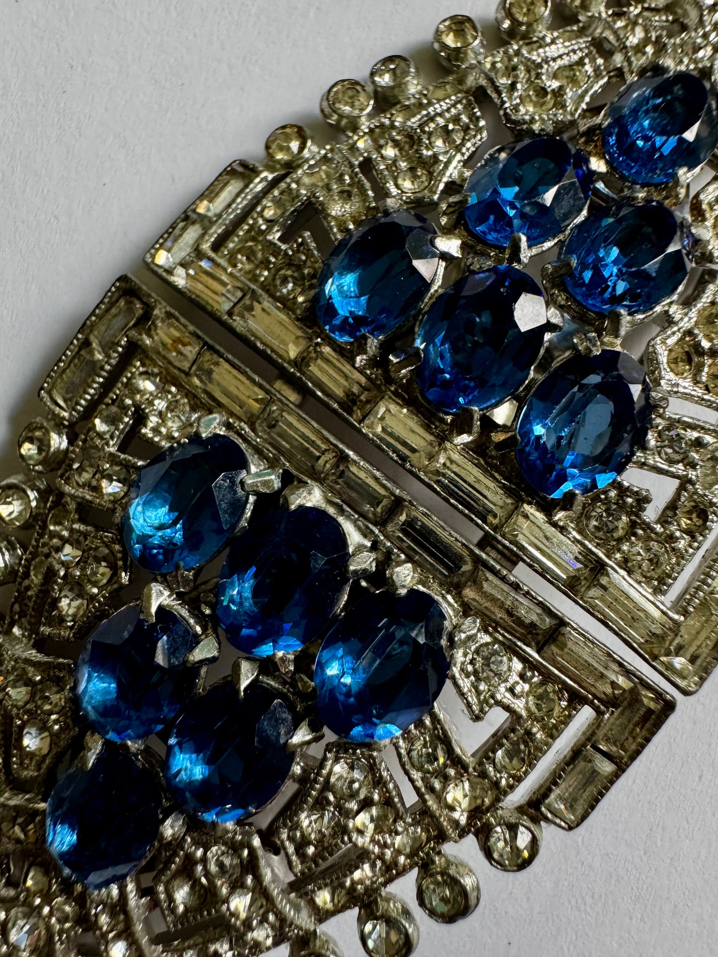 Late 1930s early 1940s signed CORO Duette rhodium plated double dress/fur clip and brooch with pave set sapphire and clear rhinestones