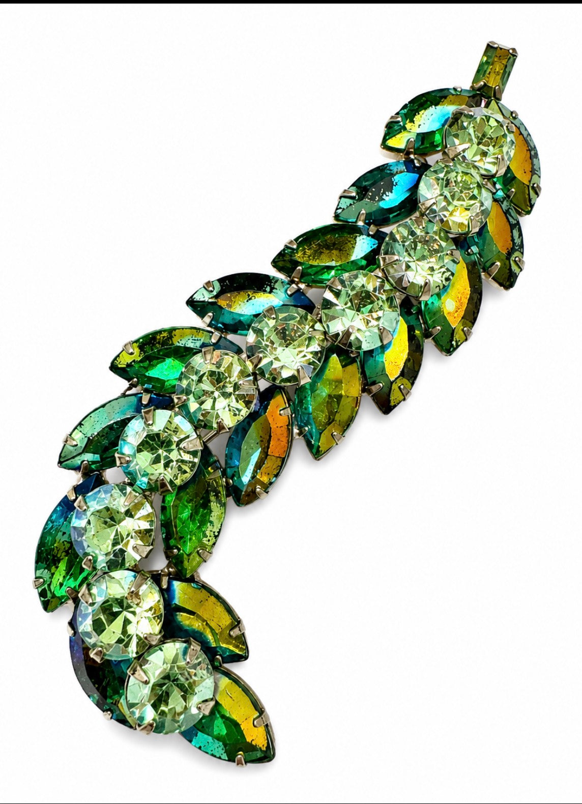 Vintage D & E Juliana teal Rhinestone layered leaf Brooch