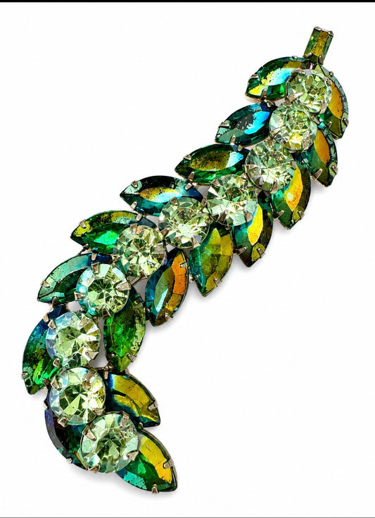 Vintage D & E Juliana teal Rhinestone layered leaf Brooch
