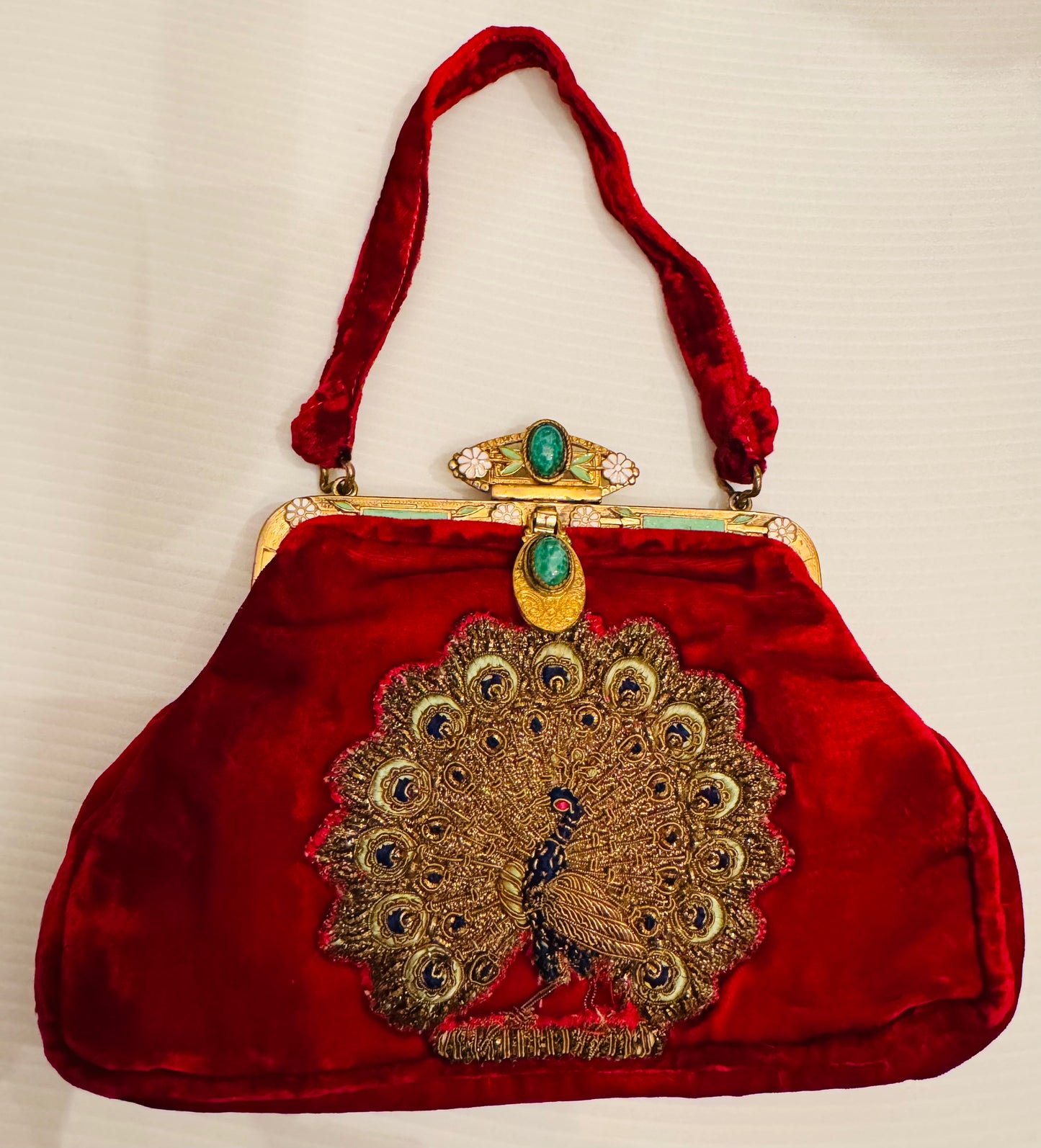 Gorgeous 1920's red velvet peacock bag with enamel decorative closure