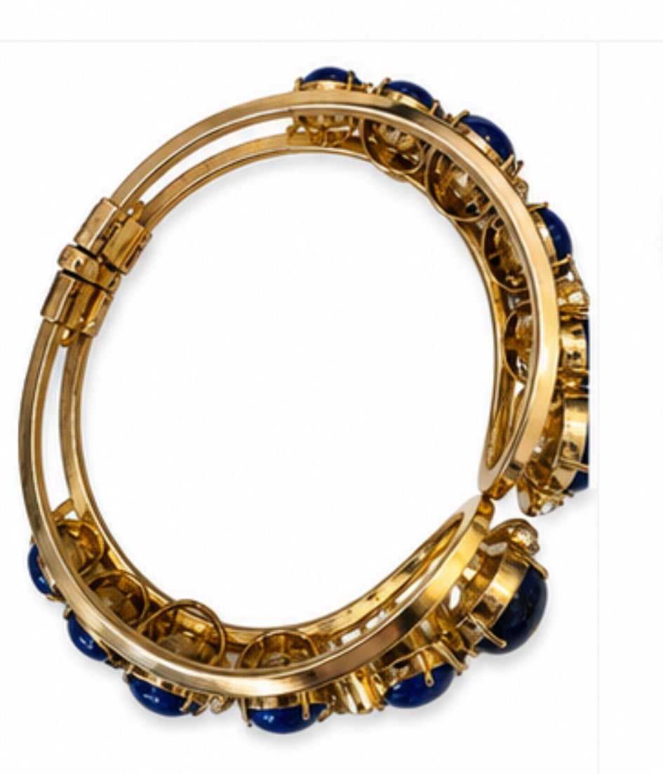Gorgeous 1940s signed Hattie Carnagie gold plate clamper bracelet with lapis cabochons and rhinestones