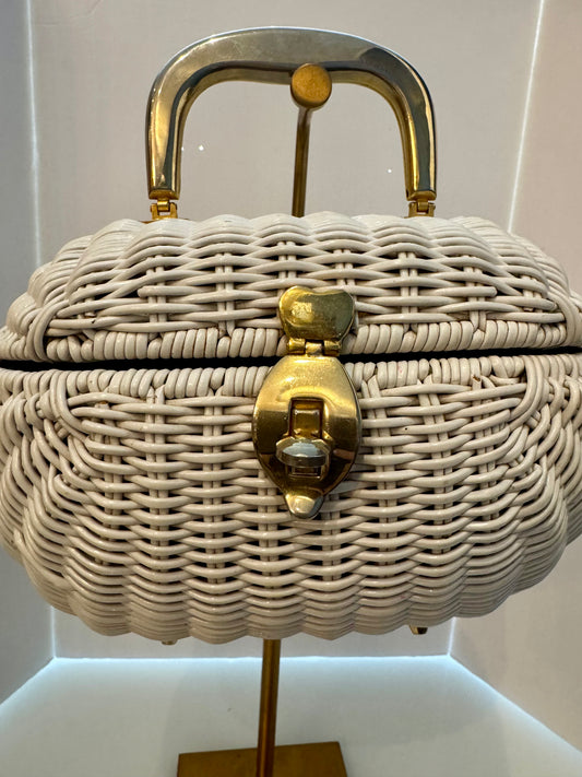 1950s oval wicker bag with gold tone hardware