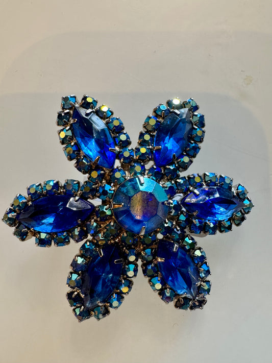 blue rhinestone flower brooch