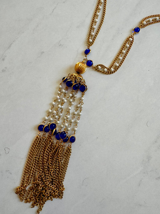 Stunning 1960s tassel with pearls and blue stone necklace