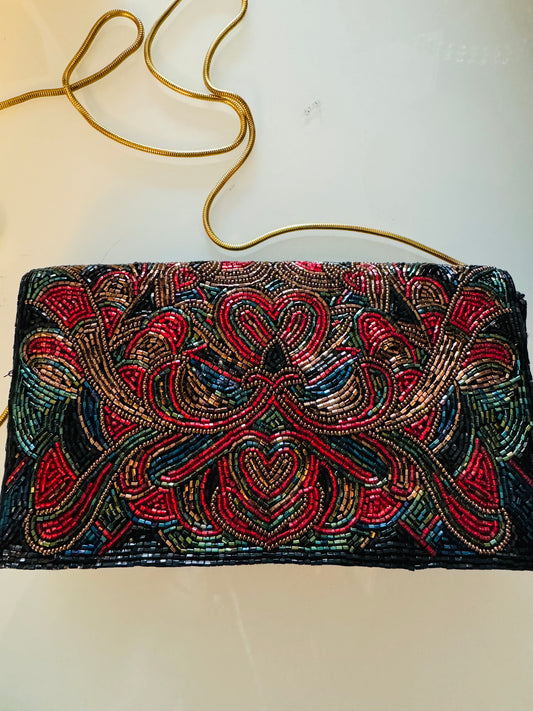 Vintage beaded bag / clutch with convertible shoulder strap