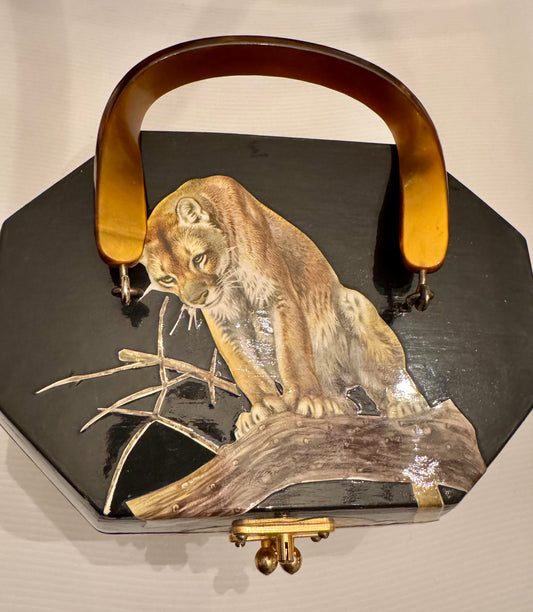 Black wood decoupage tiger box bag with lucite handle and beautiful interior