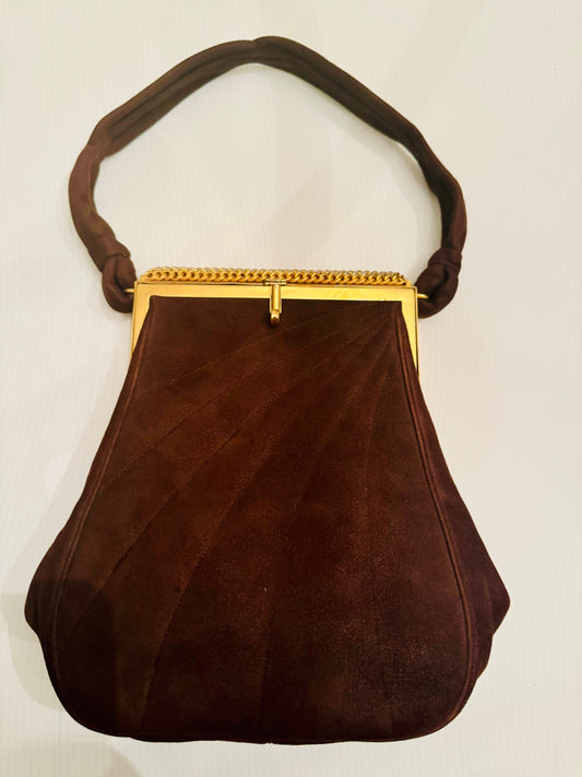 wow! 1940s never worn brown suede top handle with gold tone hardware