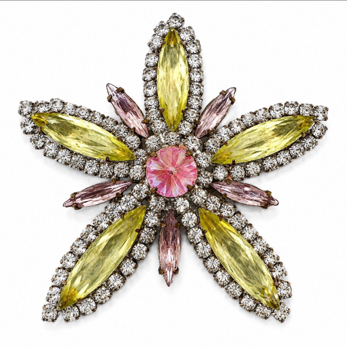 Gorgeous 1940s unsigned vintage flower brooch in pink and "yellow/green" glass rhinestones with a touch of uranium. Look under a black light!