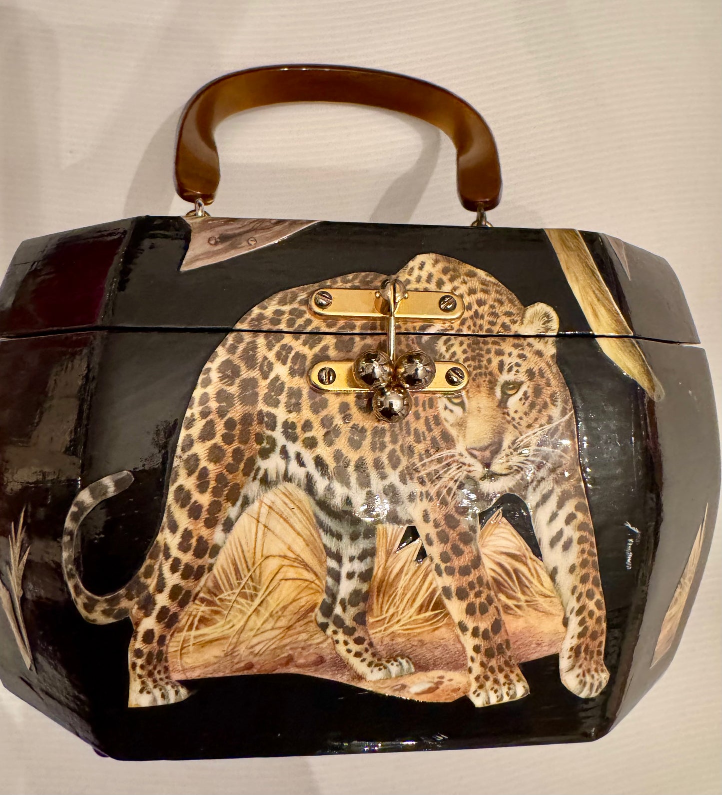 Black wood decoupage tiger box bag with lucite handle and beautiful interior