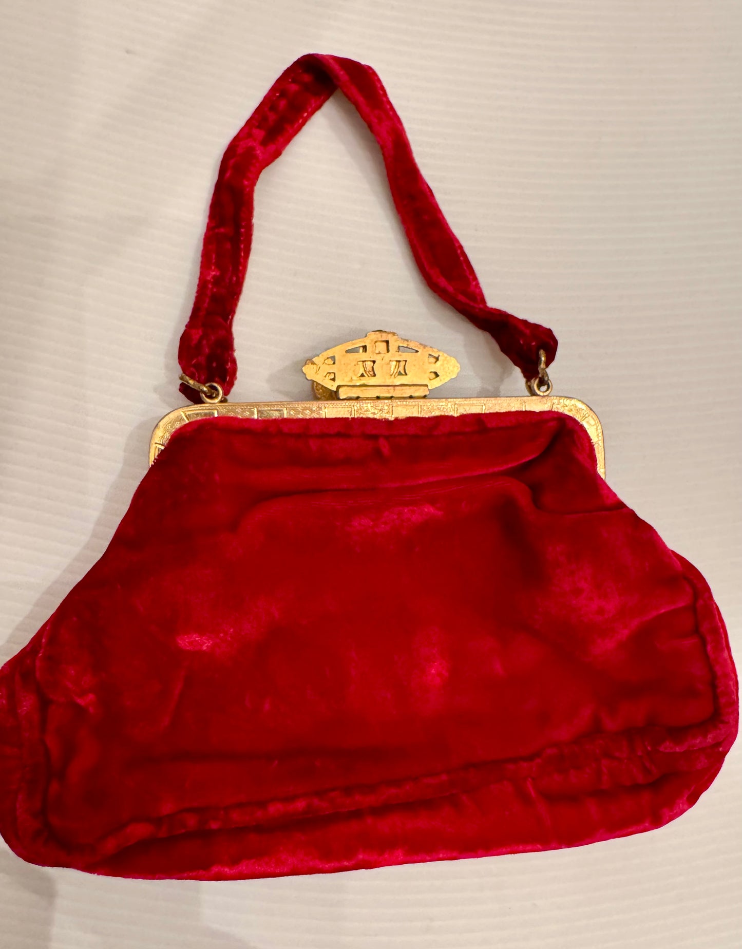 Gorgeous 1920's red velvet peacock bag with enamel decorative closure