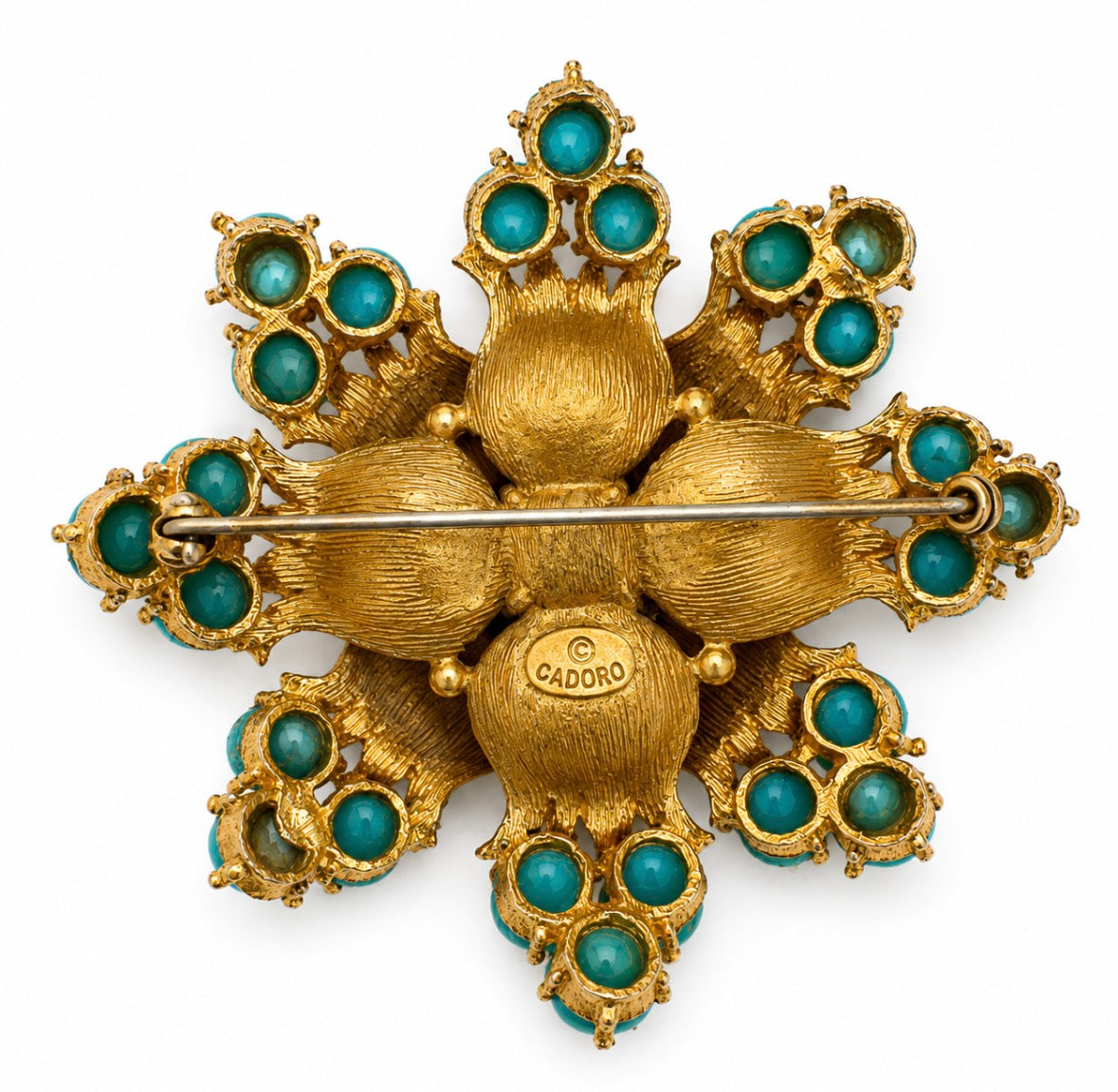 1940s stunning gold tone and turquoise large brooch signed