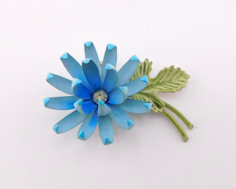 1960s Vintage  Enameled Flower Power Brooch.
Two Layered Petals, Shades of Blue and Green Enamel with Clear Rhinestone Center.
