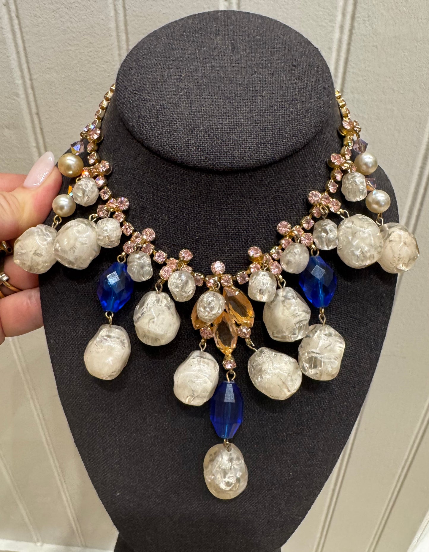 Beautiful 1960s one-of-a-kind pink rhinestone necklace with Blue and faux pearl dangles