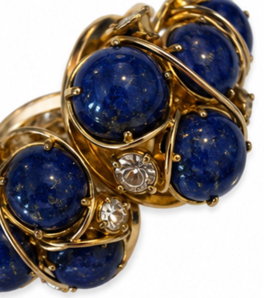 Gorgeous 1940s signed Hattie Carnagie gold plate clamper bracelet with lapis cabochons and rhinestones