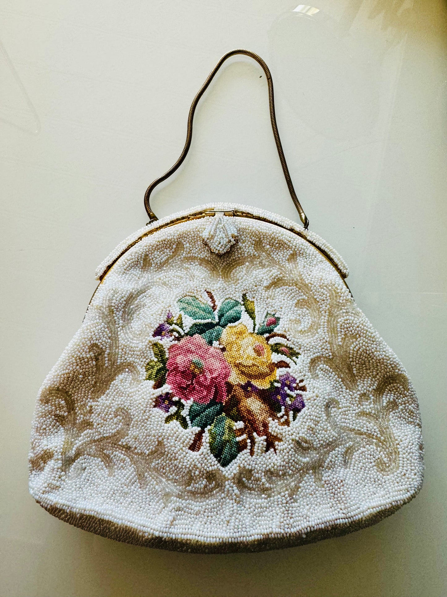 Vintage white beaded bag with flowers