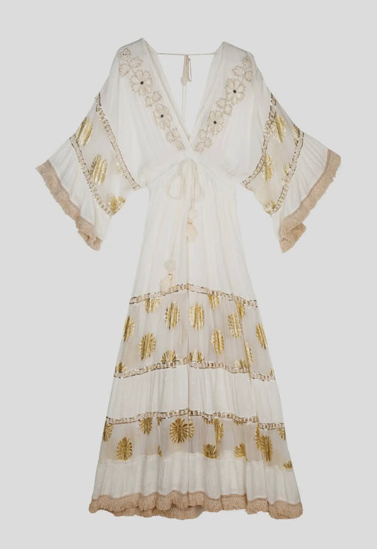 Beautiful ivory long summer dress with gold detail. Made in Spain.