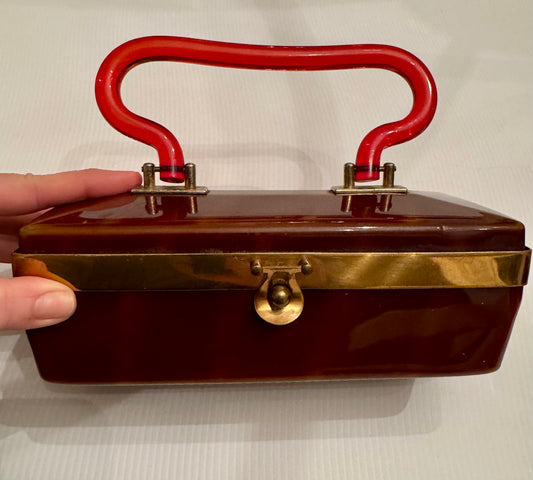 Stunning vintage 1940s lucite box bag in honey brown. Mirror has wear, otherwise perfect shape