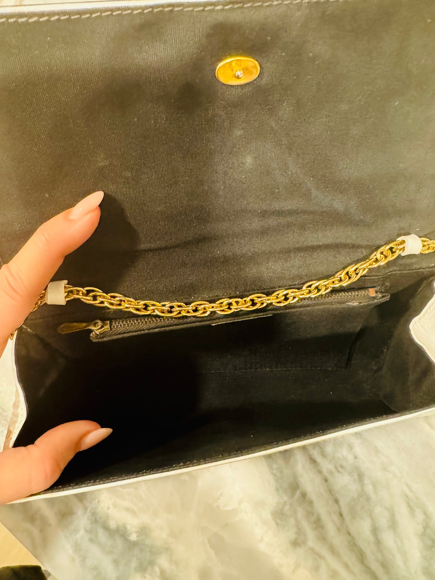 Vintage black lucite and white leather convertible clutch with gold tone chain bag. Made in Italy for Plymouth