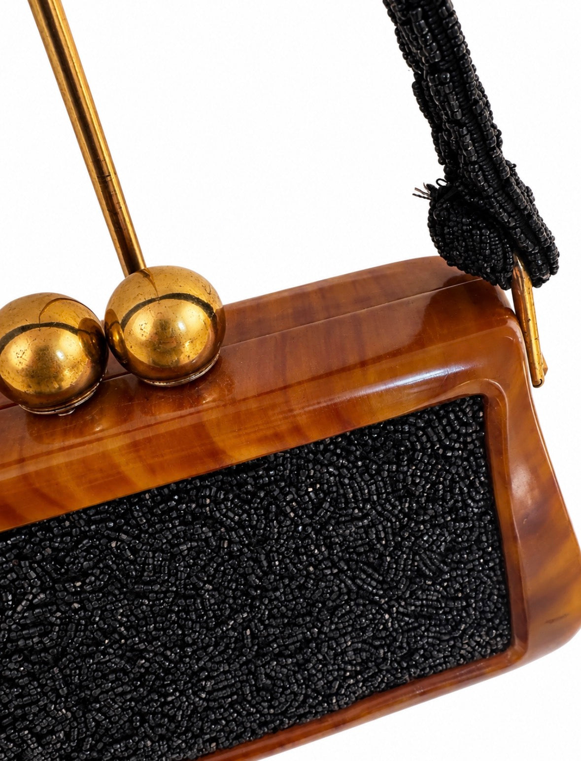 Stunning 1940s black beaded and bakelite kiss lock top handle bag