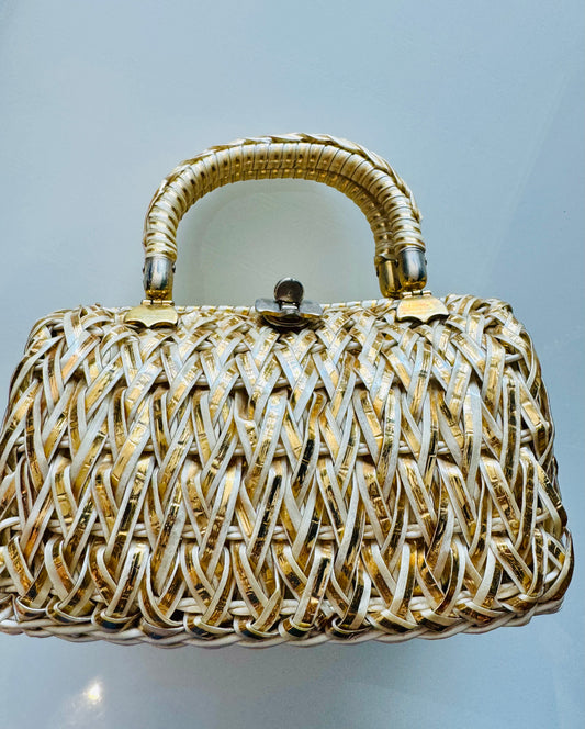 Gorgeous 1950's white and gold wicker bag by Walborg
