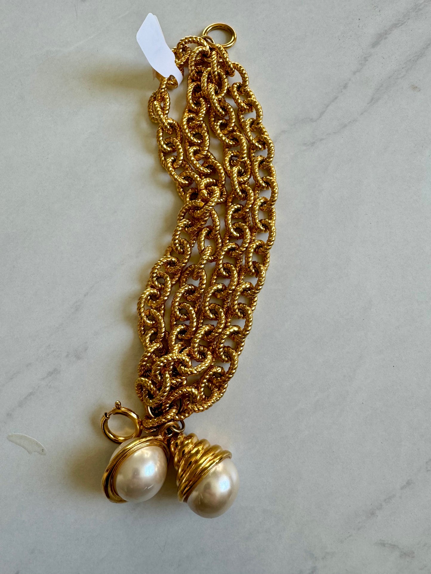 Fabulous 4 strand 1980s gold tone with 2 pearl charm