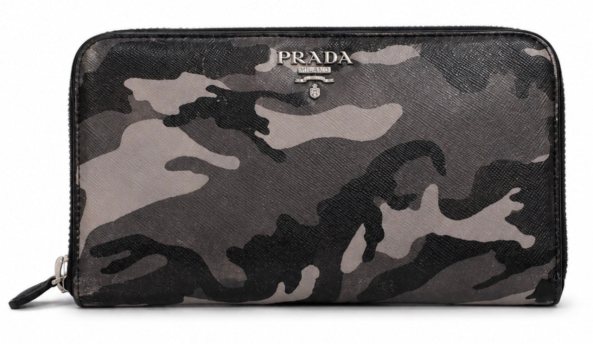 Grey and black camo Prada wallet with zip
