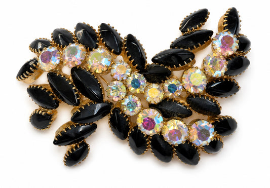 1940s stunning extra large black cabochon and aurora borealis brooch