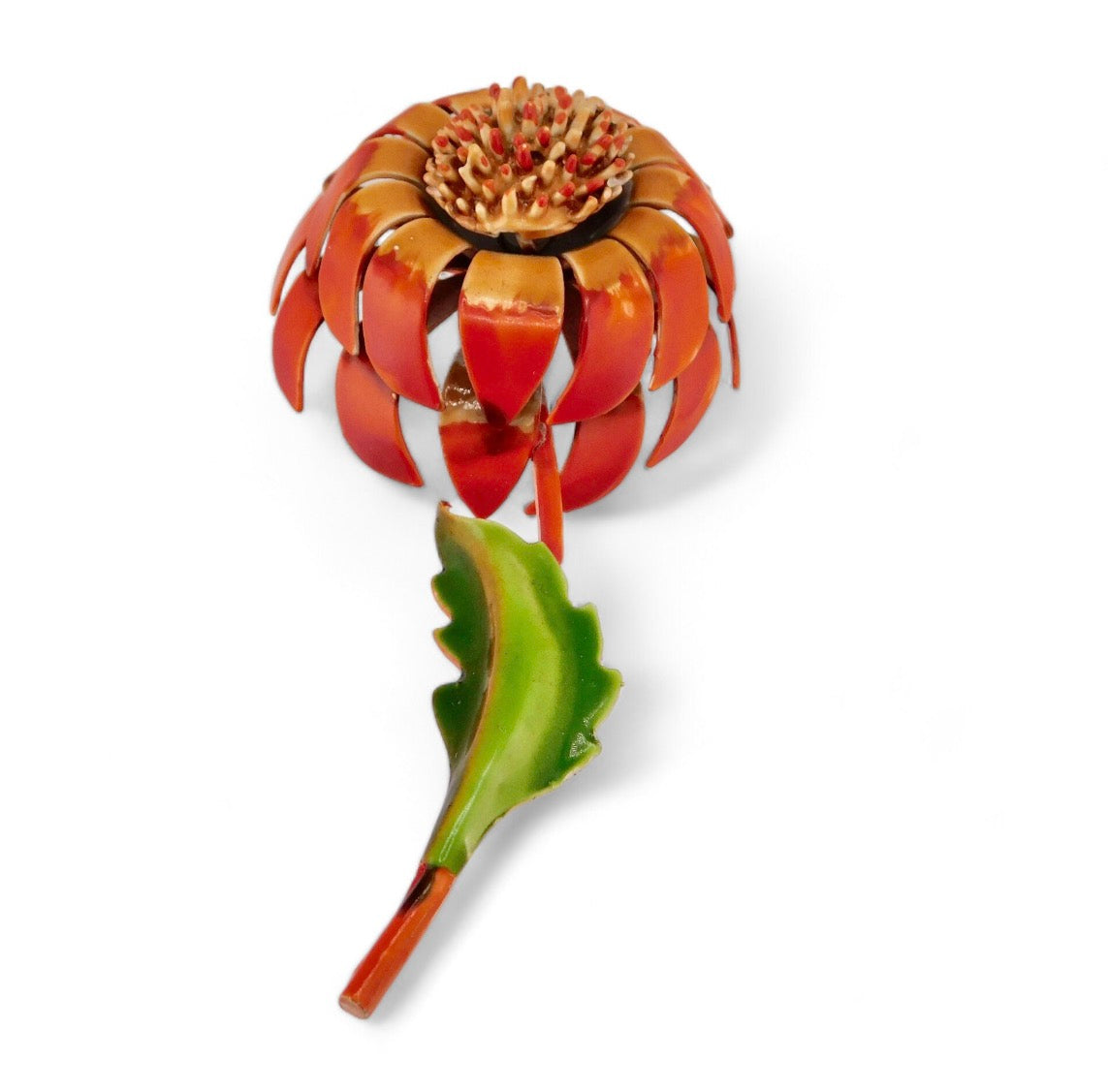 1960s Orange with  Burnt Yellow Petals and Center with a Green Leaf