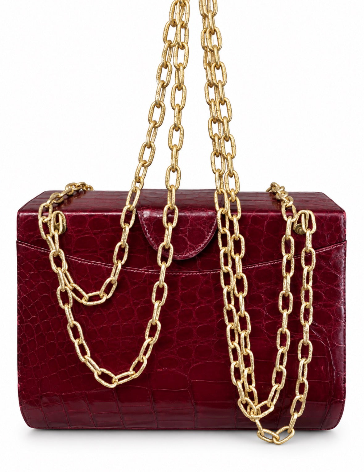 Gorgeous 1960s exotic skin leather box bag in a gorgeous burgundy with long gold chain