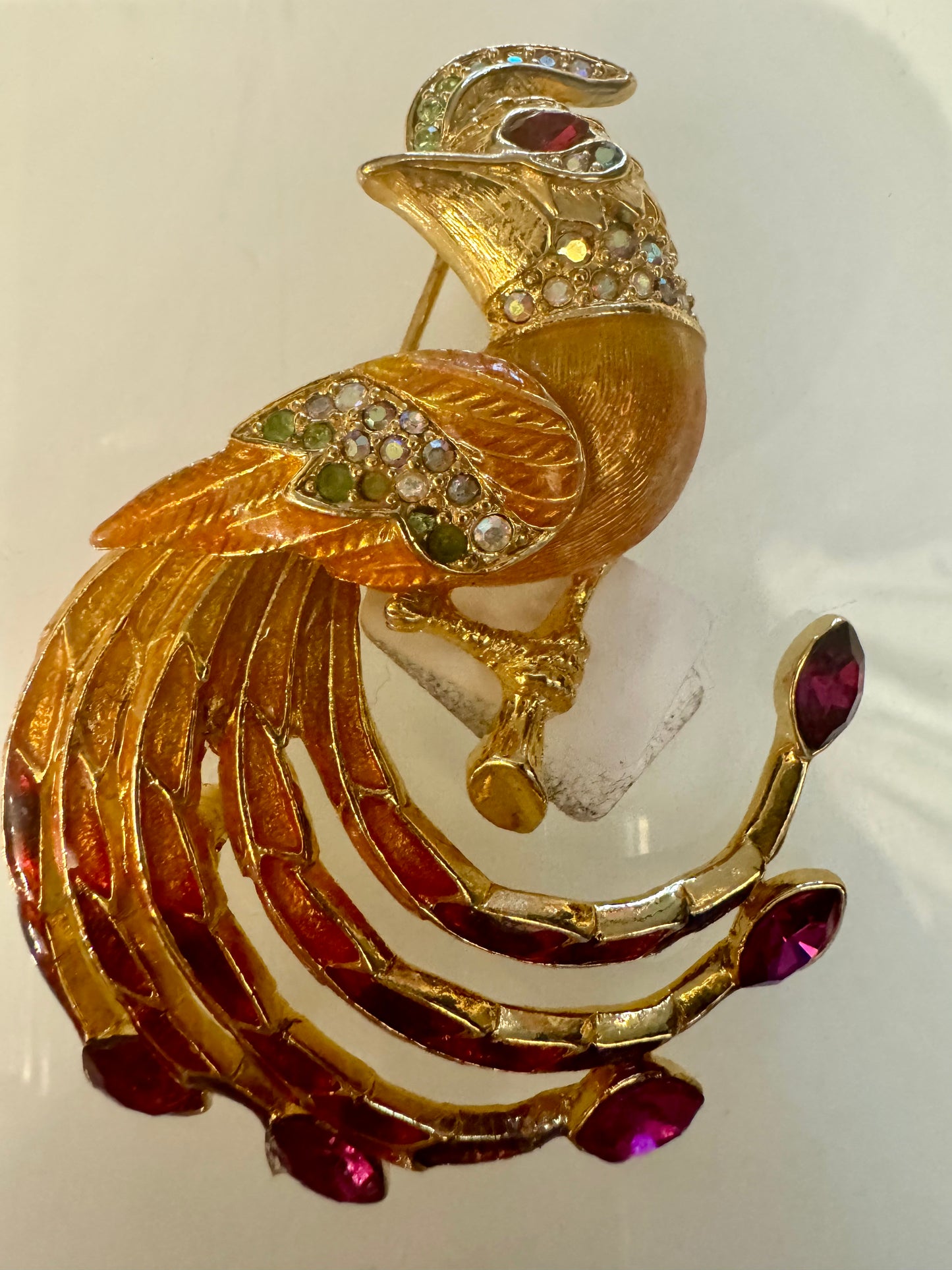 Vintage peacock brooch with enamel and rhinestones