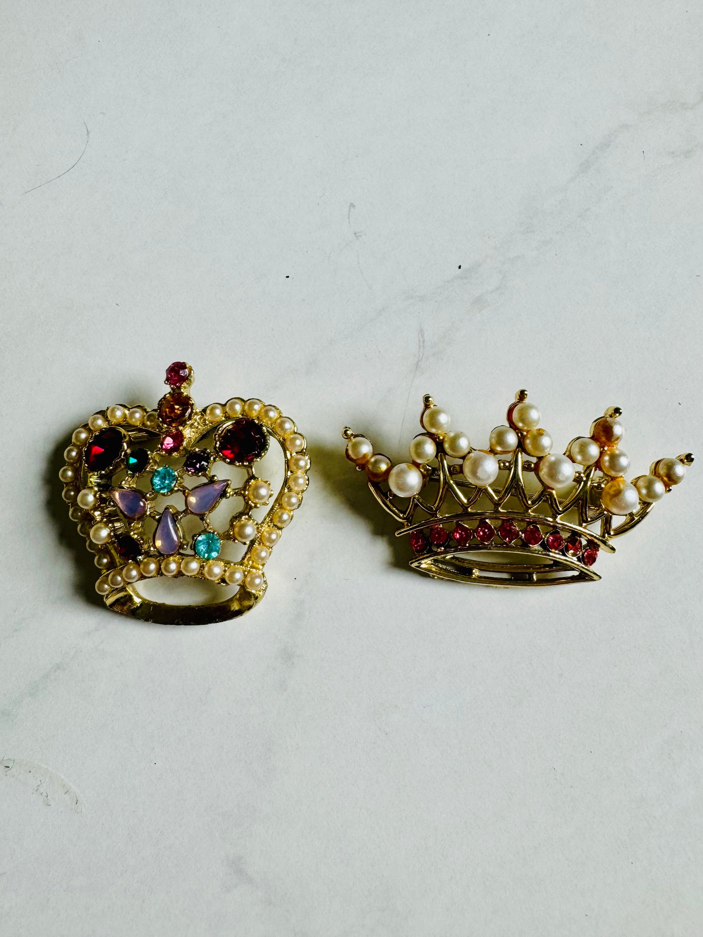 Vintage his and her crown. Sold as a set. Gold tone with rhinestone and pearls